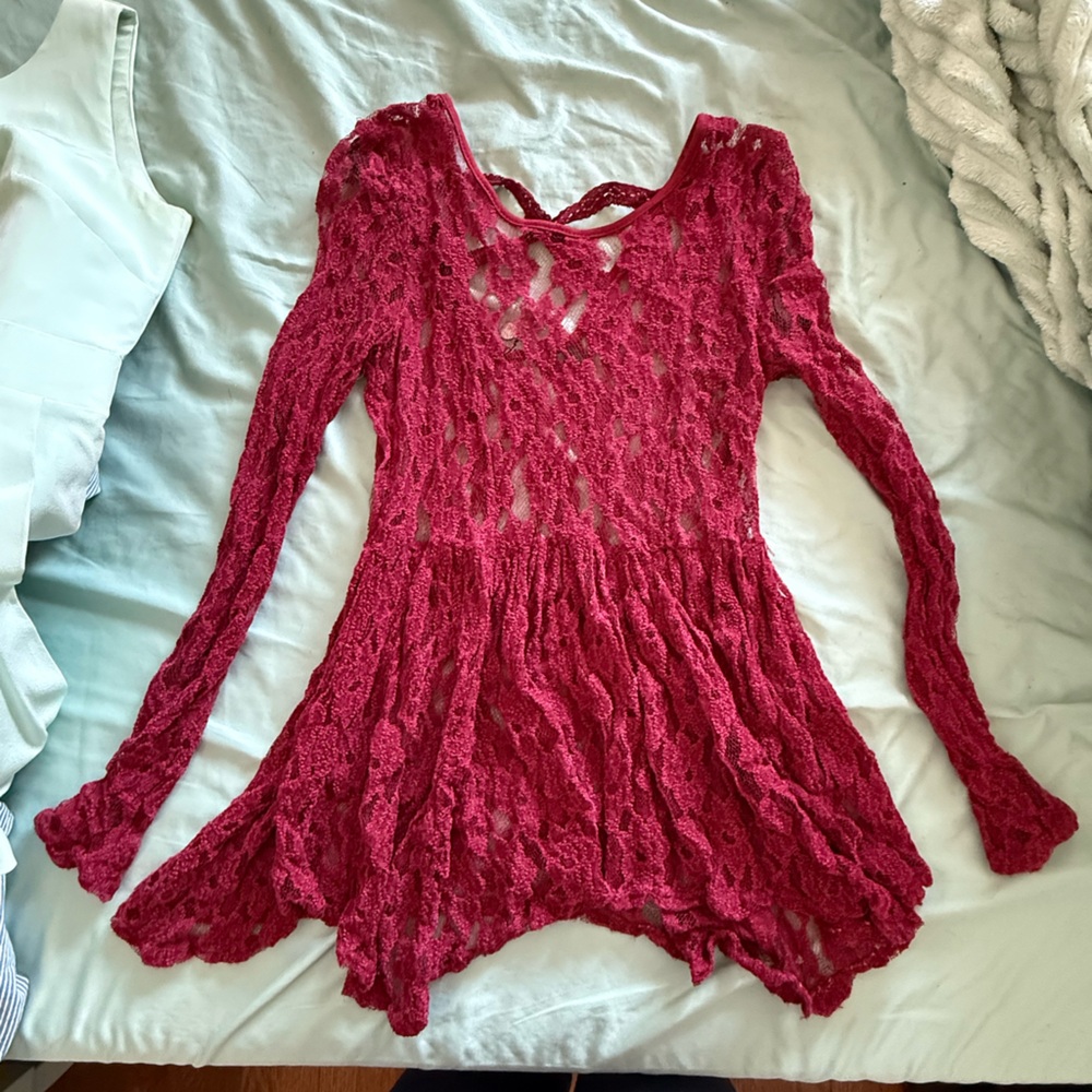 Maroon sheer lace top